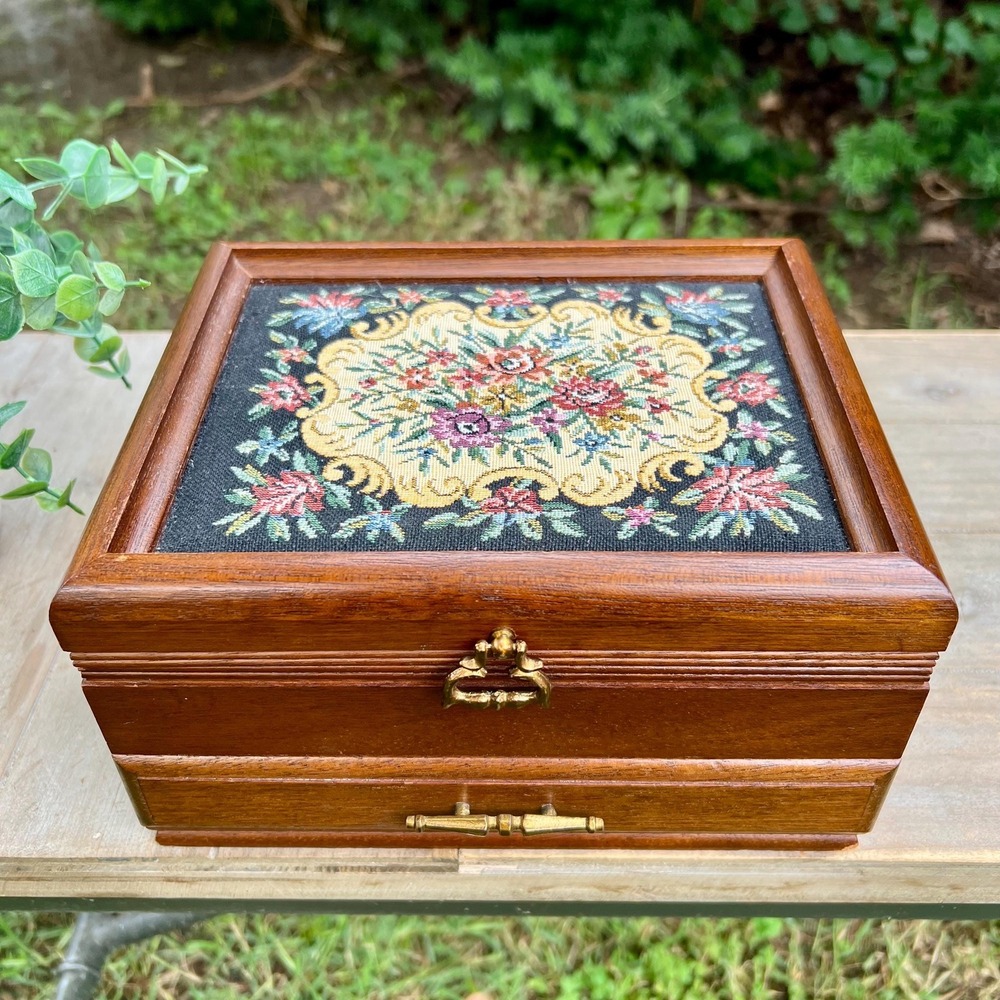 Vintage Floral Tapestry Wood Jewelry Box | Made in Japan